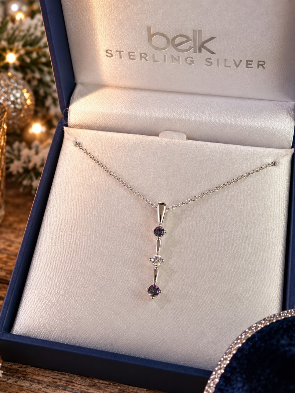 Belk Sterling Silver Mystic CZ 3-Stone Drop Necklace 18" NWT